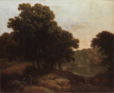 A wooded lake landscape with figures, a cottage beyond