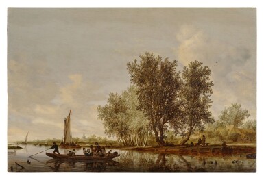 River Landscape with Figures in a Ferry, Sailboats, and Cattle Beyond