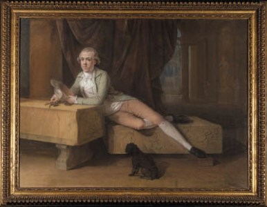 Portrait of James Colyear Dawkins of Standlynch Park, Wiltshire, leaning on a Roman sarcophagus at the Villa Albani at Rome during his Grand Tour in the 1780s
