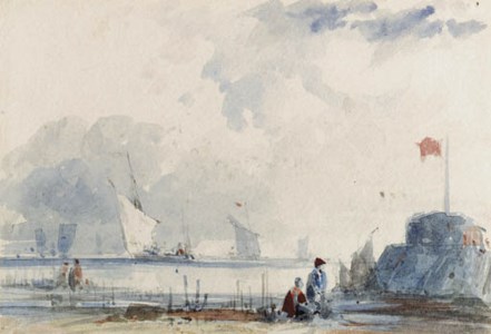 Shipping off the Normandy coast, with figures on the shore