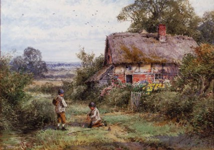 Young anglers beside a stream