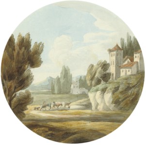 An extensive landscape with a castle and drovers beneath a hill town, Italy