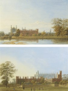 Eton College and Chapel, Windsor, from the Thames, figures on the bank of Fellows' Eyot in the foreground; and Eton College, Windsor, from College Field, the 'Wall' to the right hand side