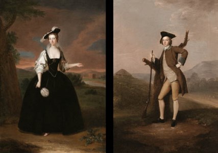 Portraits of Anne (ne Lee) and her husband, George Venables Vernon, standing full length in landscapes; she in van Dyckian costume and holding a fan, a view of Sudbury Hall beyond, he in a brown jacket with a blue collar and holding a rifle