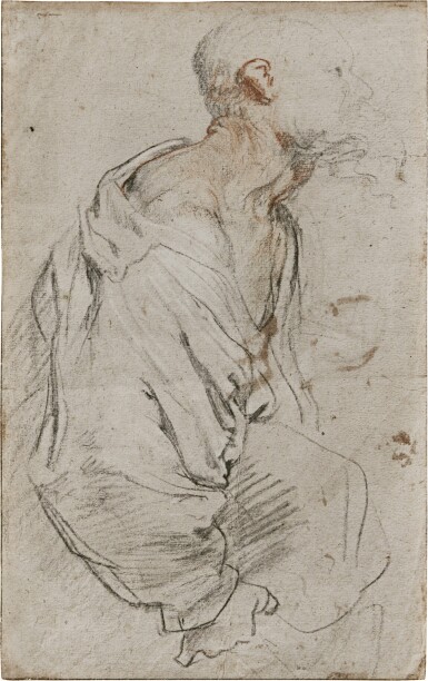 Recto: An old bearded man holding a bundle beneath his arm;  Verso: Various composition studies
