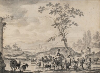 Italianate landscape with herders and their flocks fording a river