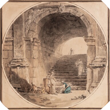 Washerwomen and a seated child with a dog, by a grand staircase through a classical arch