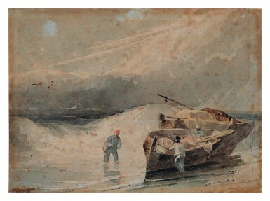 Fishermen with beached boats 