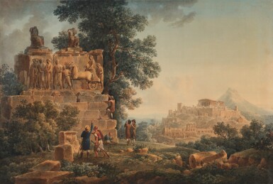 Archaeologists examining a bas-relief with a view of the Acropolis, Athens, behind