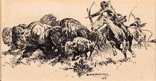 Two works on paper; the first: Indians on Horseback; the second: The Buffalo Hunt
