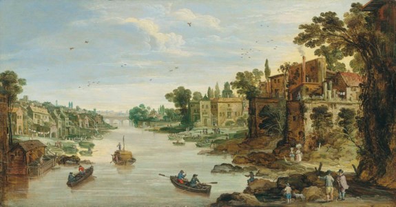 A river townscape with figures promenading along the bank, a bridge beyond