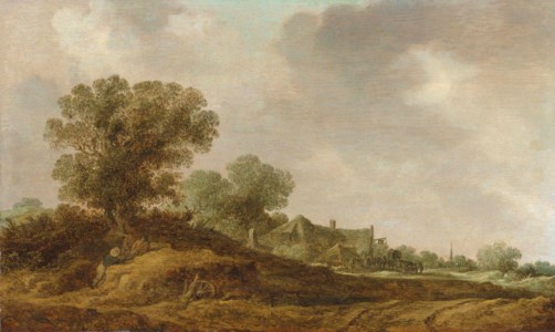 A dune landscape with figures resting by a path, boats on a lake beyond