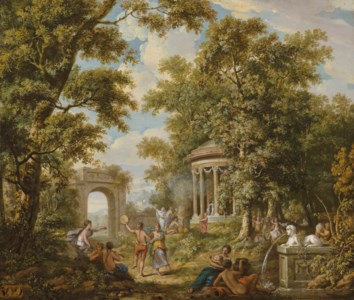 A bacchanal by a temple in a wooded landscape