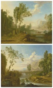 An Italianate river landscape with shepherds and mules crossing a bridge; and An Italianate river landscape with figures fishing by a waterfall, a town beyond