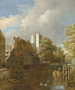 Amsterdam, the Sint-Anthoniesluis looking north from the Brouwersgracht, with the gabled houses of Sint Antoniesbreestraat to the left