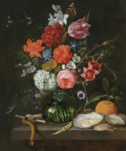 Jan Davidsz. de Heem, A tulip, roses, apple blossoms, cornflowers and other flowers in a glass vase on a stone ledge, with a pipe, taper, oysters and an orange, with a butterfly