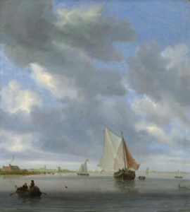 An estuary with a ferry and other vessels, a church and windmill beyond