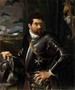 Ludovico Carracci, Portrait of Carlo Alberto Rati Opizzoni in armour, three-quarter-length, wearing the Order of the Knights of Malta, the city of Bologna beyond