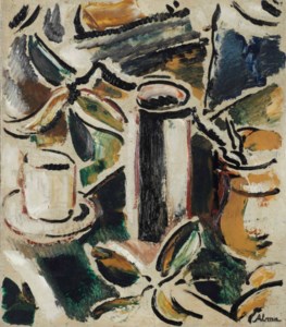 A still life with a cup and jars