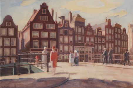Figures strolling over an Amsterdam canal bridge