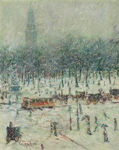 New York Snow Scene with Madison Square Garden in the Distance