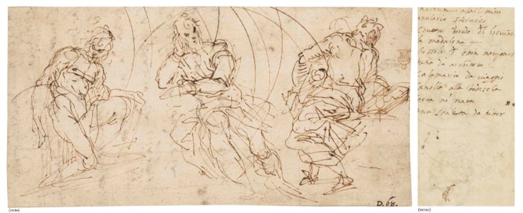 Studies of seated men, one reading a book