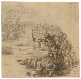 A battle scene outside a walled city