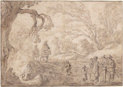 A wooded landscape with riders approaching a group of gypsies