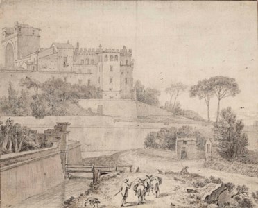View of the Belvedere, Rome, with travellers and donkeys in the foreground