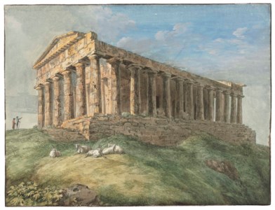 A view of the Temple of Concordia at Agrigento, with two figures and goats in the foreground