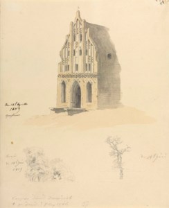 A Gothic brick building and two studies of trees