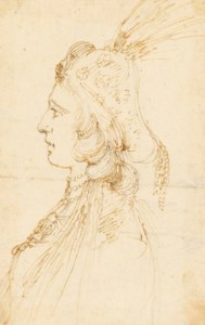 Portrait of a woman in fantastic costume, bust-length, in profile; Portrait of a woman, three-quarter-length, with an elaborate headdress; and Design for a masque costume for a tournament