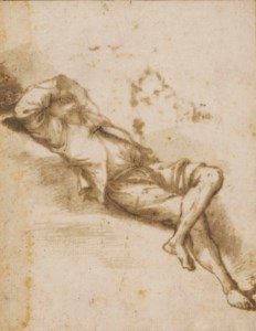 A sleeping man on a bank, with his arm thrown across his face