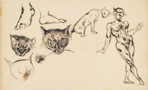 Studies of cats' heads and of a standing figure of a devil
