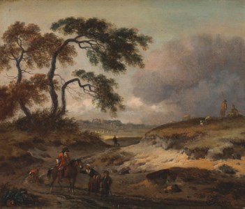 A wooded landscape with a traveller on a sandy track