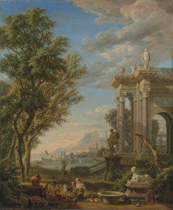 A Mediterranean harbour with classical ruins, a figure of Neptune and a fountain in the foreground