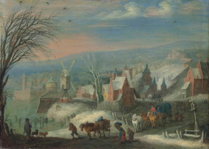 A winter landscape with horse-drawn carts, a hunter and his dogs, and figures skating, a town with a windmill beyond
