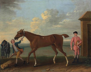 A chestnut racehorse held by a groom, with a jockey dismounted, by the King's Stables, Newmarket
