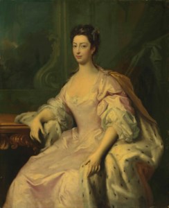 Portrait of Princess Caroline Elizabeth (1713-1757), daughter of King George II, three-quarter-length, in a pink dress and ermine-lined cloak