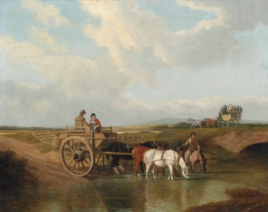 A landscape with a cart at a ford, with horses watering, a coach beyond