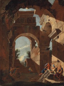 An architectural capriccio with figures amongst ruins