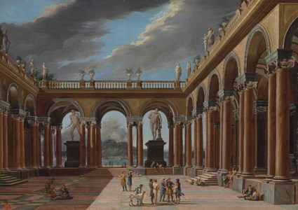 An architectural capriccio of a loggia with elegantly-dressed figures, the sea and mountains beyond