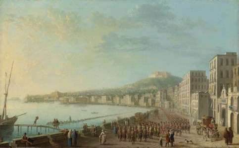 A view of the Bay of Naples from the East, with hussars parading along the harbour