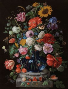 Jan Davidsz. de Heem, Tulips, a sunflower, an iris, hydrangeas, honeysuckle, willow catkins, carnations and other flowers in a glass vase on a marble pediment
