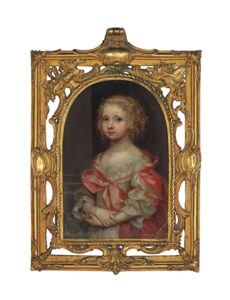 Portrait of a girl, half-length, in a white lace-trimmed dress and red cloak, with a pearl necklace