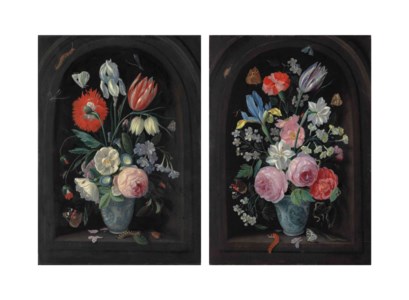 Roses, morning-glory, a carnation, an iris and other flowers in a porcelain vase, with a red admiral, caterpillars, dragonflies and other insects in a sculpted niche; and Roses, an iris, a carnation, a tulip and other flowers in a porcelain vase, with a red admiral, caterpillars, a magpie butterfly, caterpillars and other insects in a sculpted niche