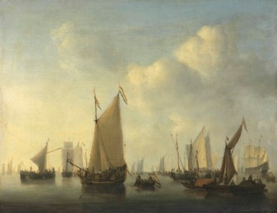 A States yacht under sail, a pont with sprit-sail hauled up and other ships in a calm