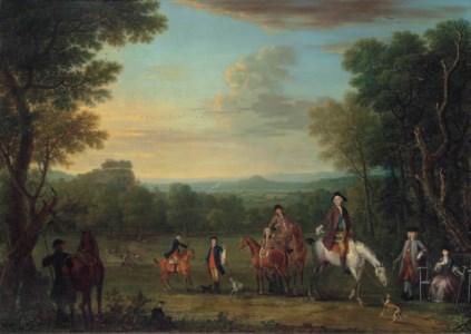 Thomas Osborne, 4th Duke of Leeds (1713-1789), on horseback, with a hunting party in an extensive wooded landscape