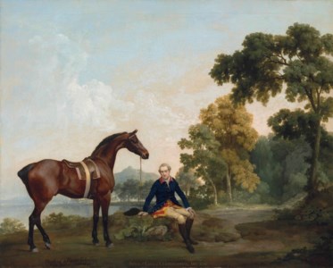 George Stubbs, James Hamilton, 2nd Earl of Clanbrassil (1730-1798), with his bay hunter Mowbray, resting on a wooded path by a lake