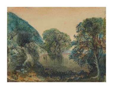 Paysage lacustre arboré (recto): Essais de couleurs (verso)